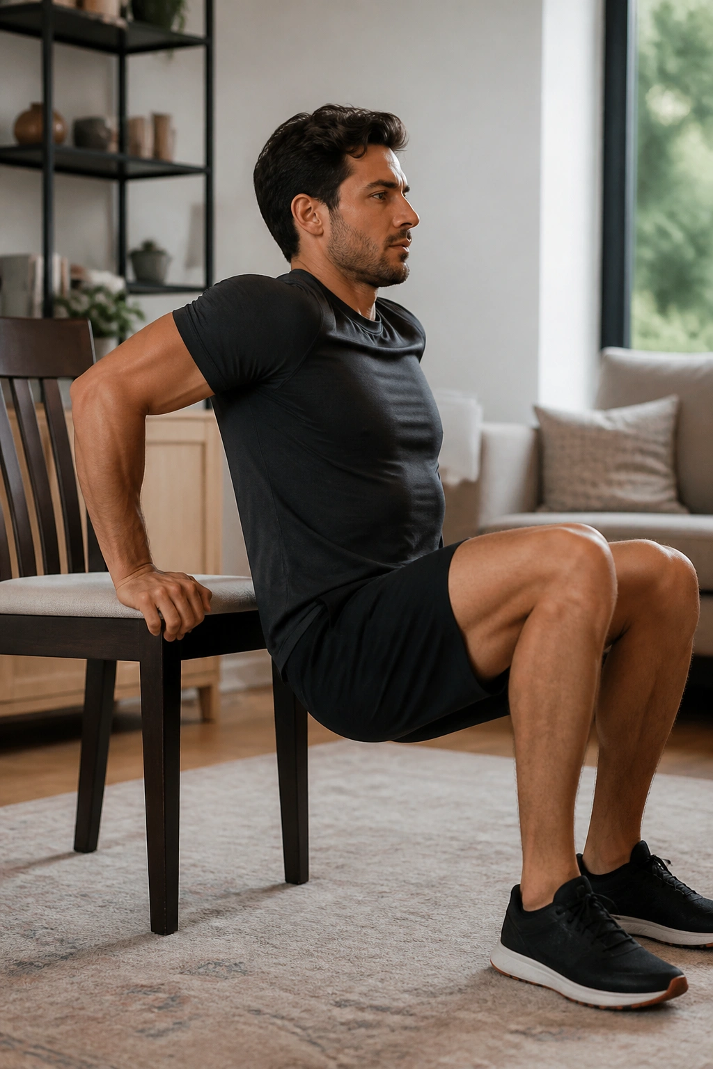 Mid-shot of a real person performing chair triceps dips in a home setting