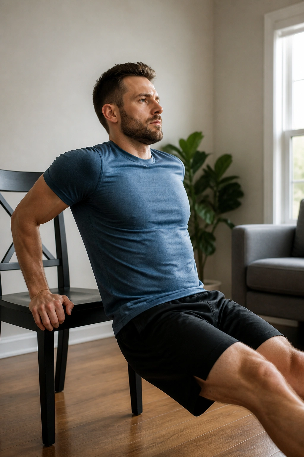 Person doing chair dips using a sturdy chair in a home living space