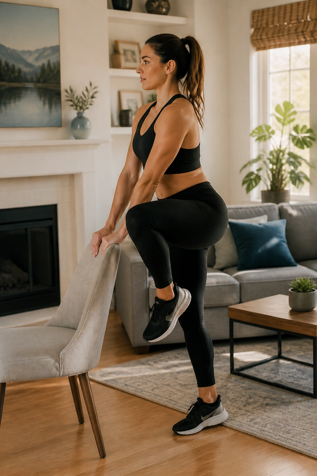Person performing knee drive on chair in a home setting