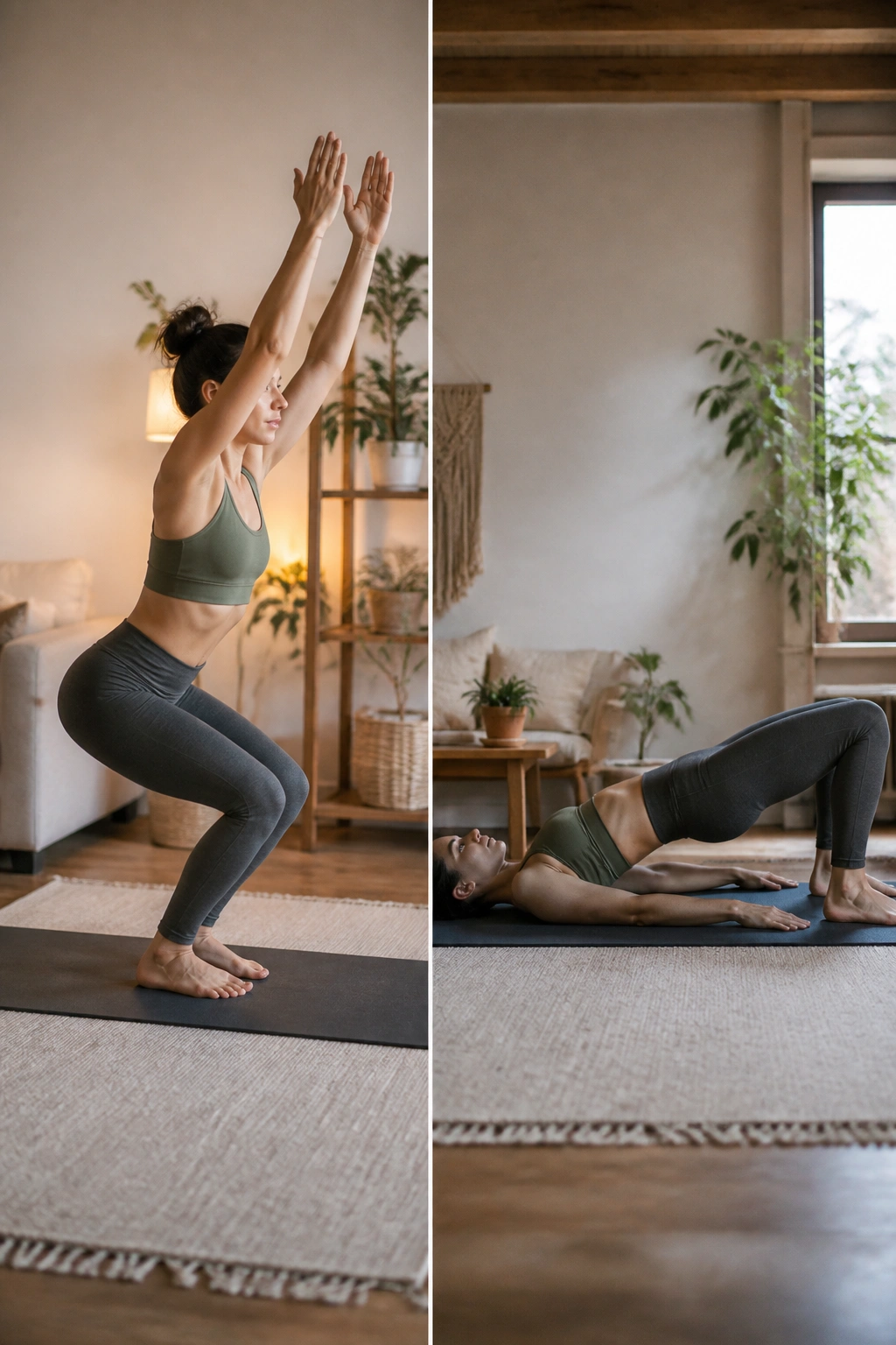 Real person in chair pose and bridge pose in a home yoga setup