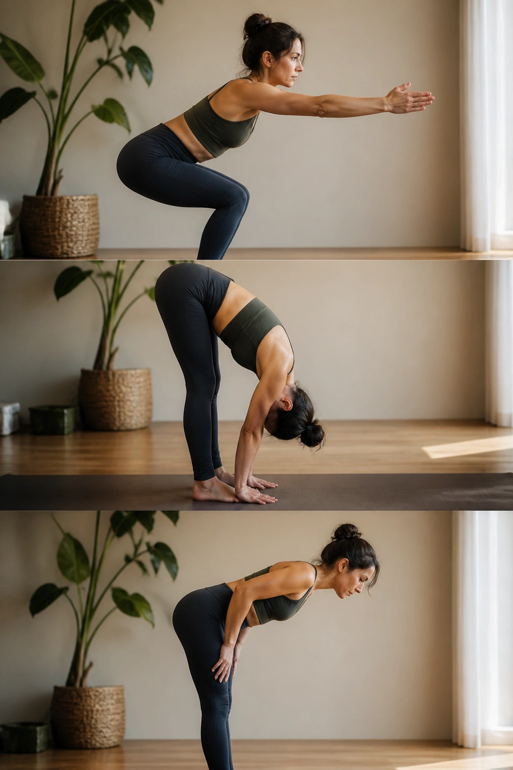 Real person in chair pose transitioning to fold in a quiet home setting