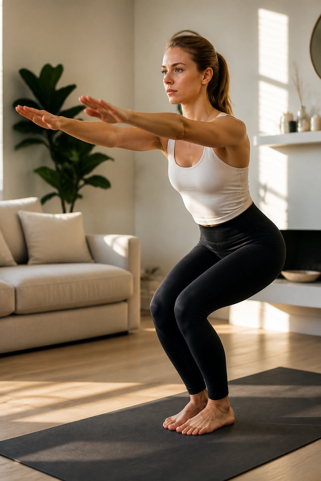 Medium shot of a person in chair pose with arms forward in a sunlit living room