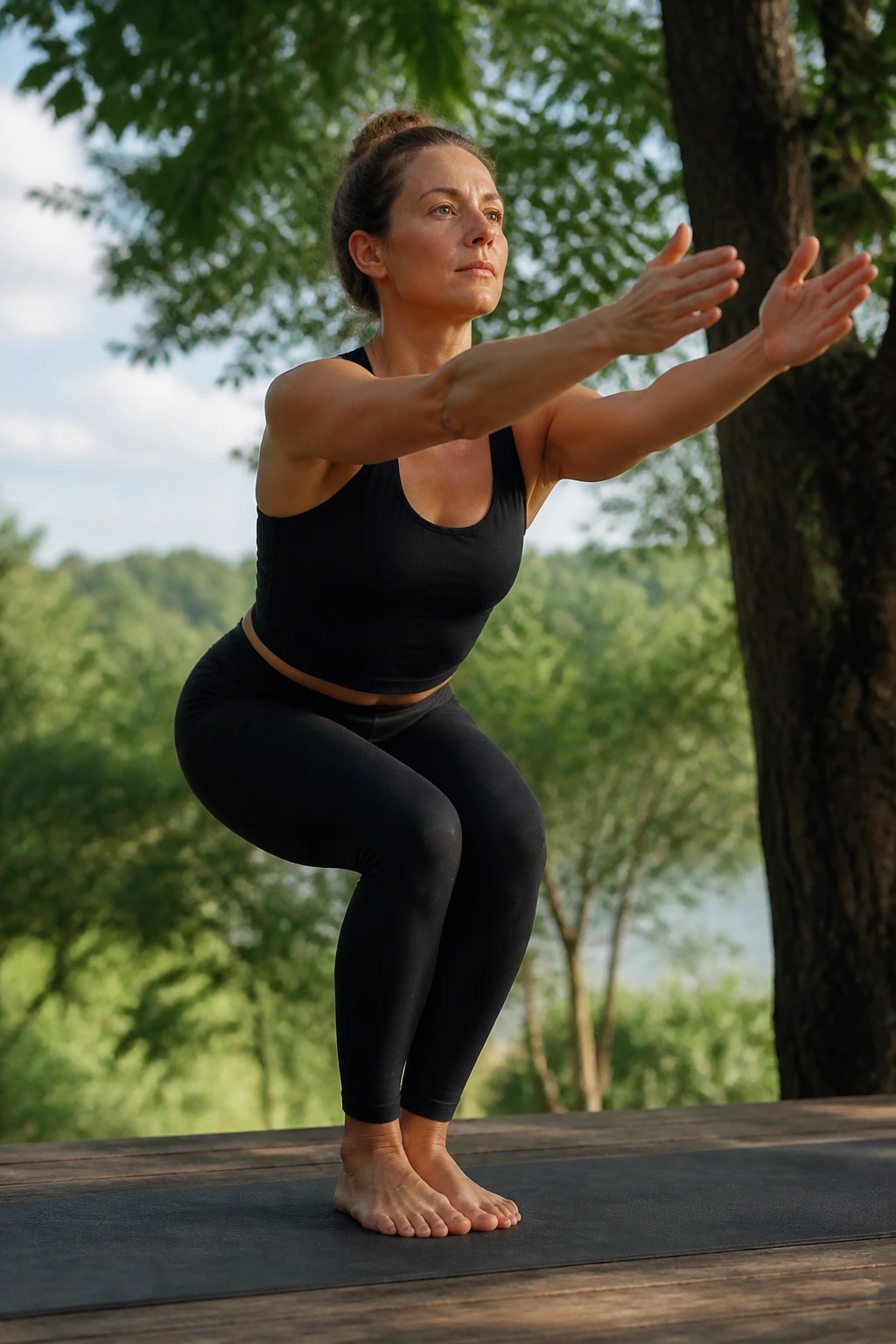 Person performing chair pose outdoors