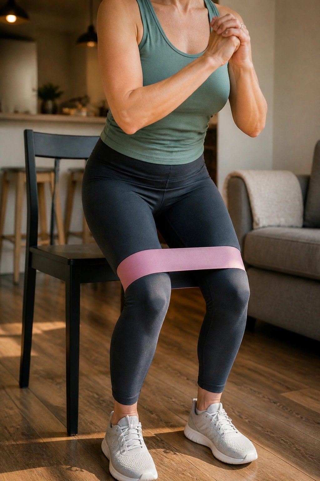 Mid-torso to knees shot of a person performing chair sit-to-stand with band above knees