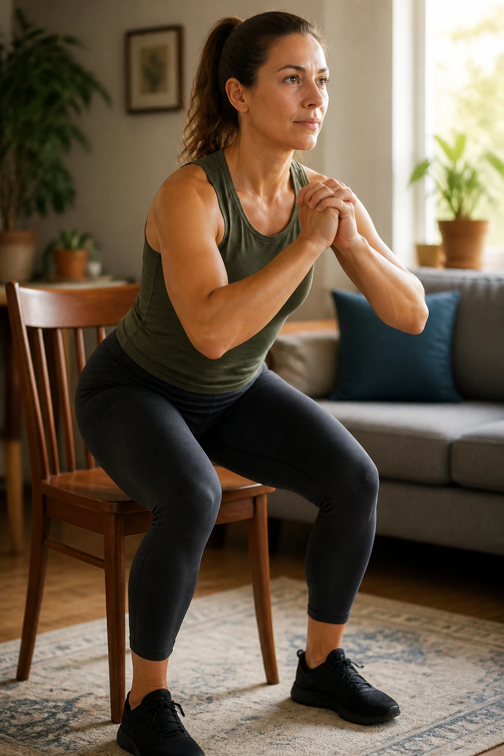 Real person performing chair sit-to-stand in living room emphasizing legs and posture