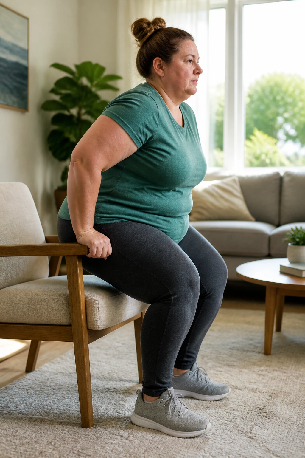 Real woman performing chair sit-to-stand intervals in a home setting