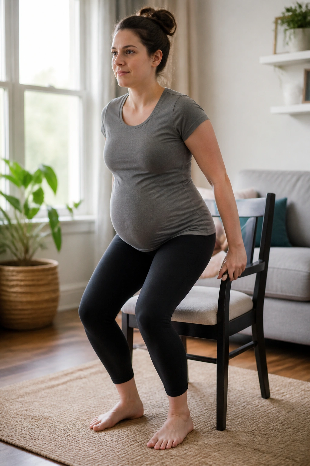 Medium close-up of a real person performing chair sit-to-stand in a living room