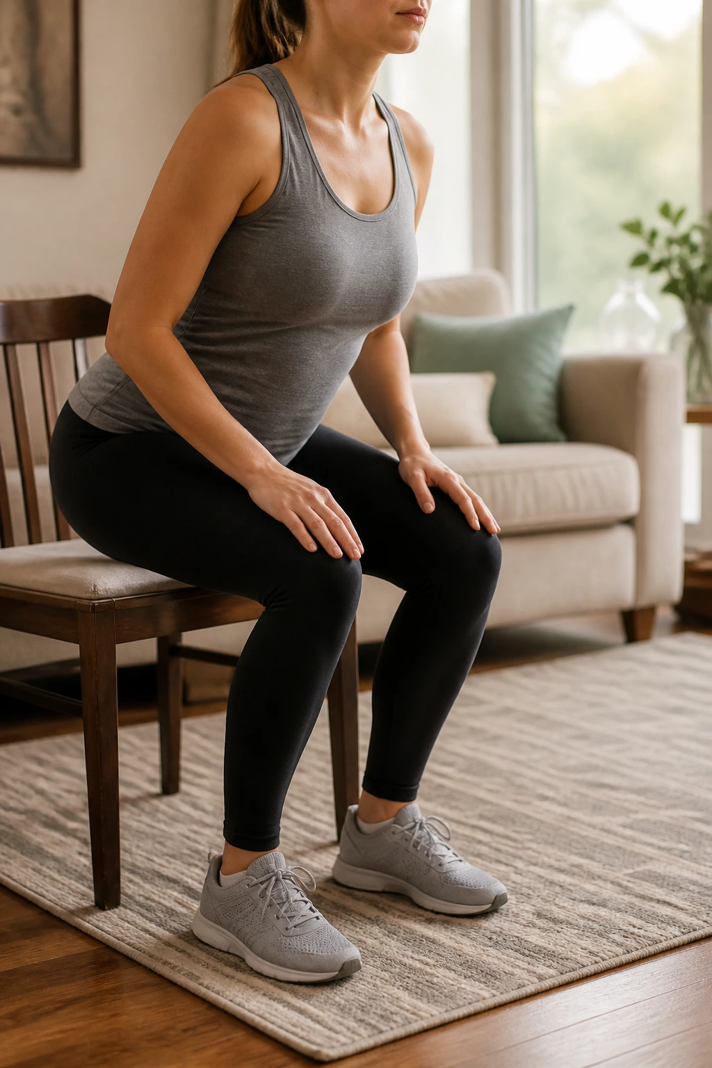 Person performing chair sit-to-stands from a chair.