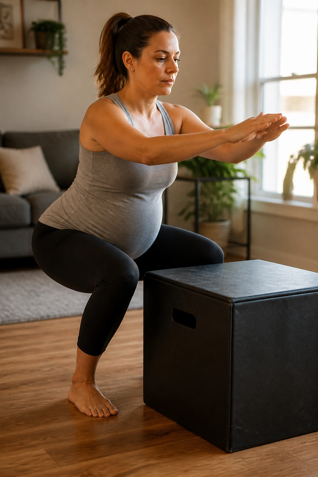 Pregnant woman performing chair squats with a stable box in a cozy living room