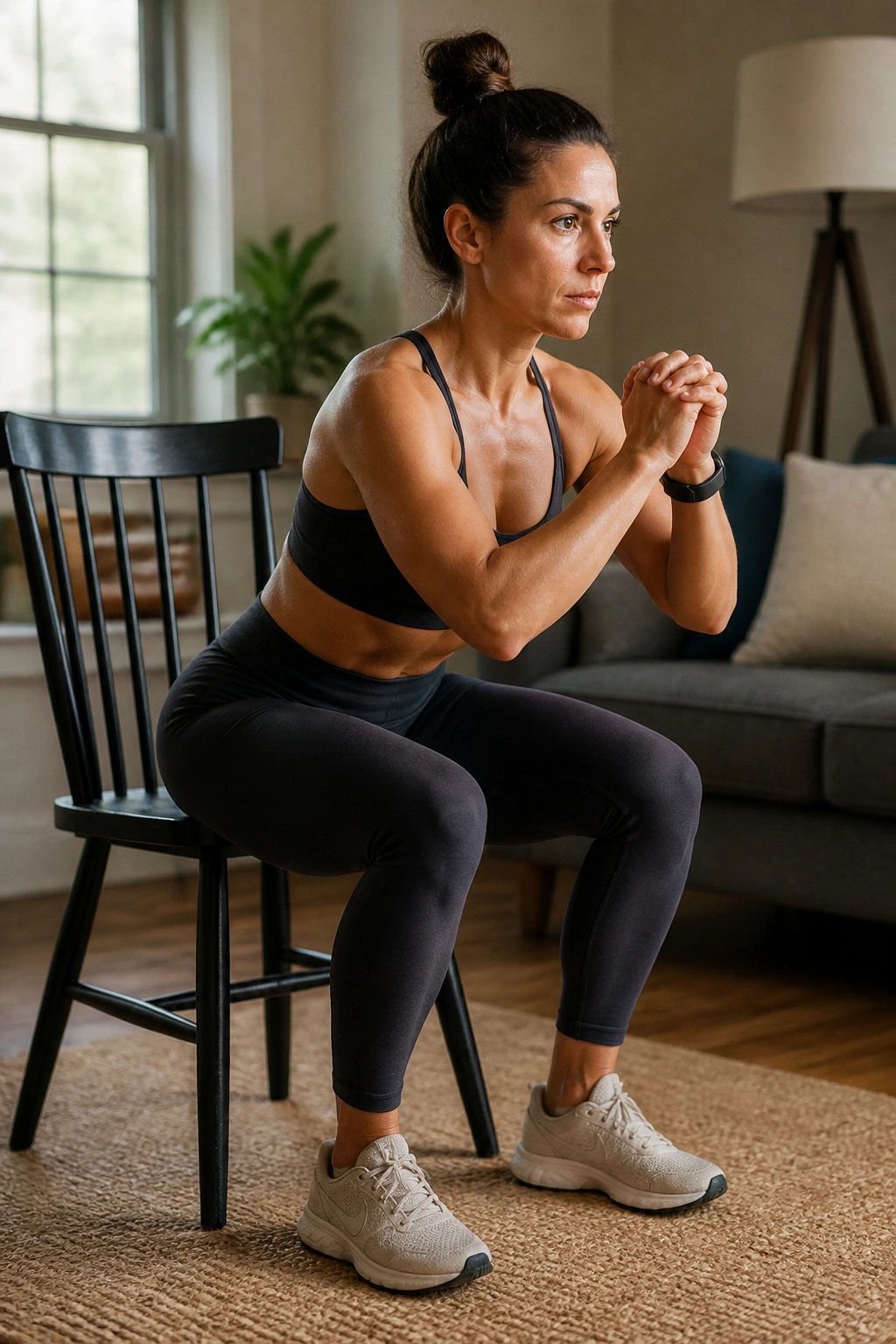 Person performing controlled pulses at the bottom of a chair squat in a living room
