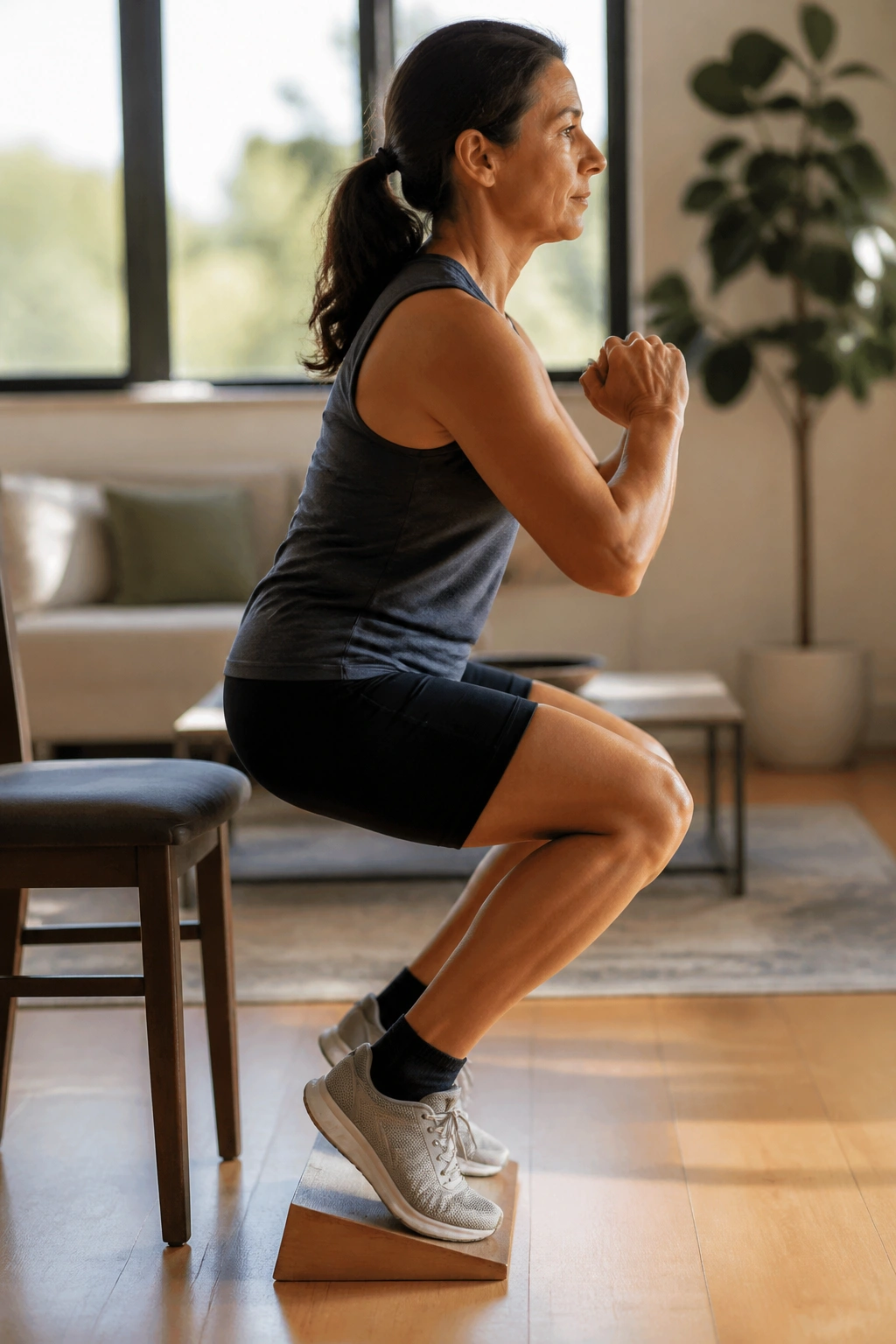 Close-up of a person performing a heel-elevated chair squat in a bright living room