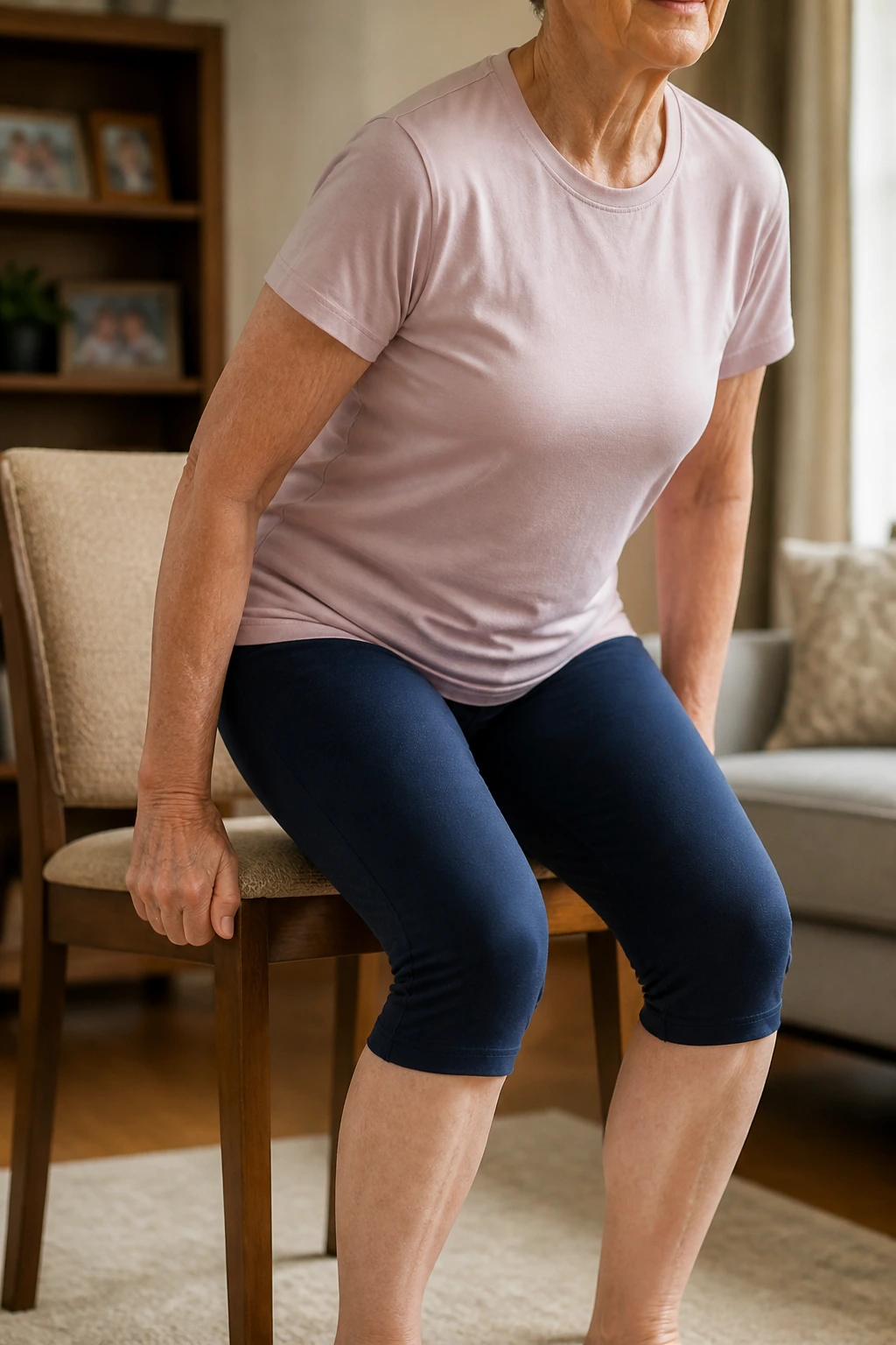 Real person performing chair squat-to-stand in a living room; torso and legs rising from a chair.