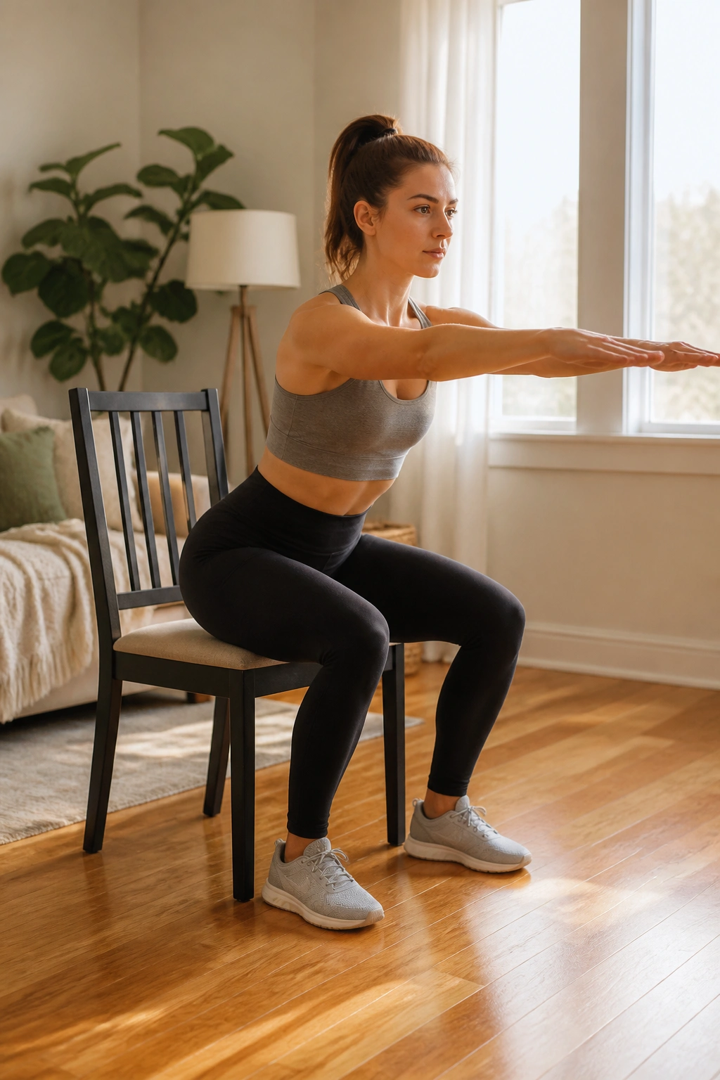 Medium shot of a real person performing chair squat in a living room with a chair behind