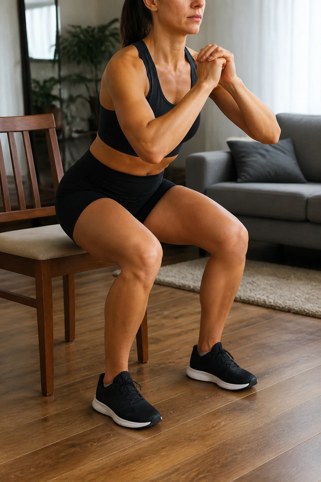 Medium close-up of a person performing a chair squat at home.