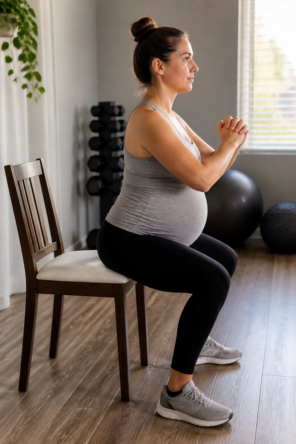 Pregnant woman performing chair-assisted box squat in home gym