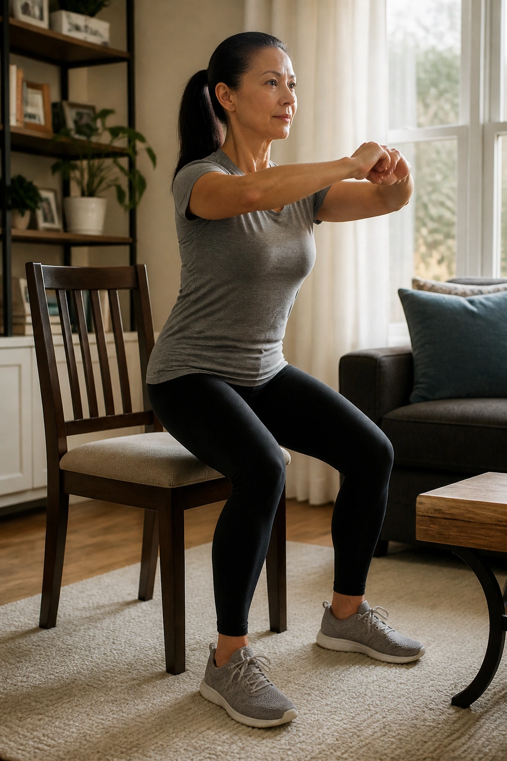 Person performing a sit-to-stand from a chair in a living room.