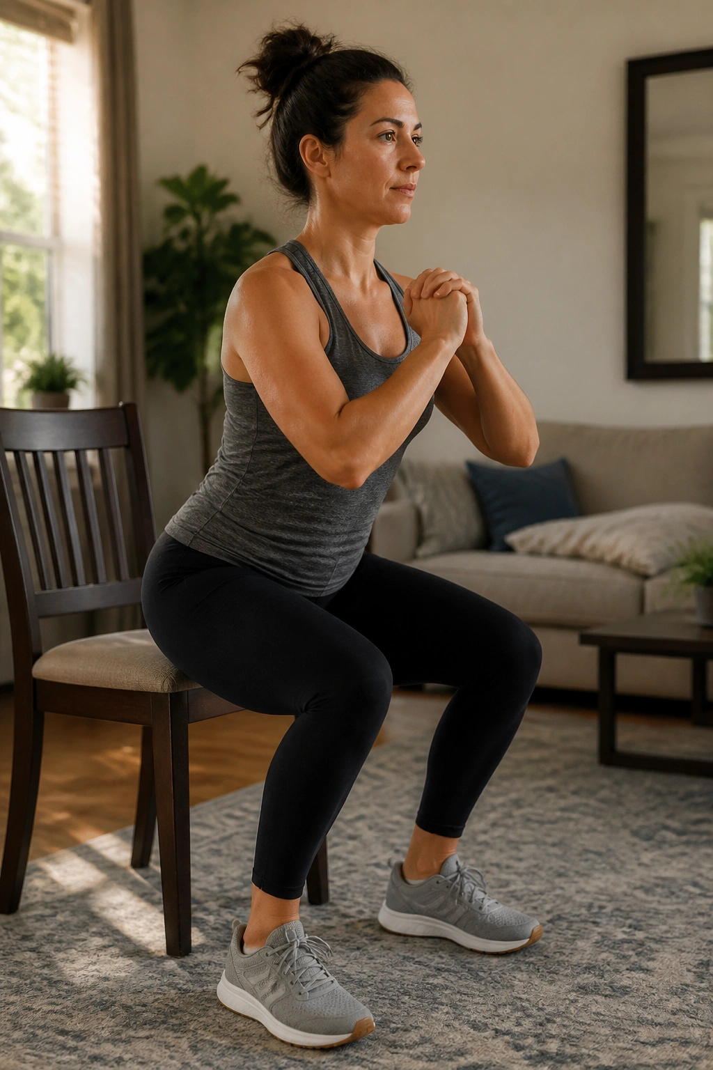 Close-up of a person performing chair squats in a living room to strengthen core and real-life pressure control