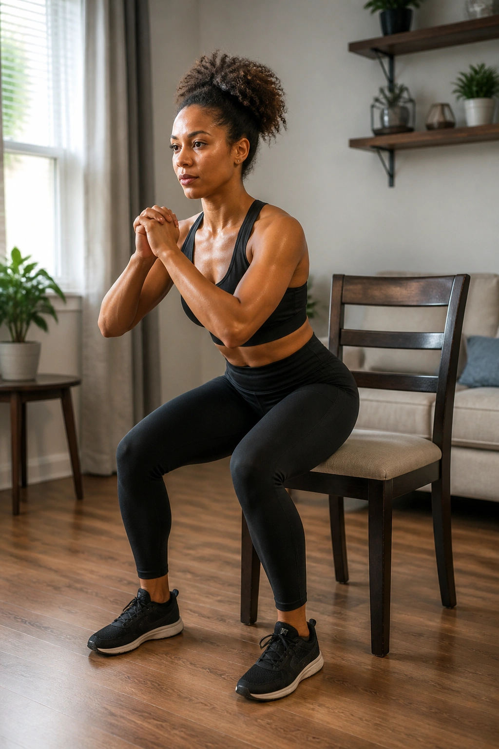 Person performing chair squats in front of a chair in a home living room