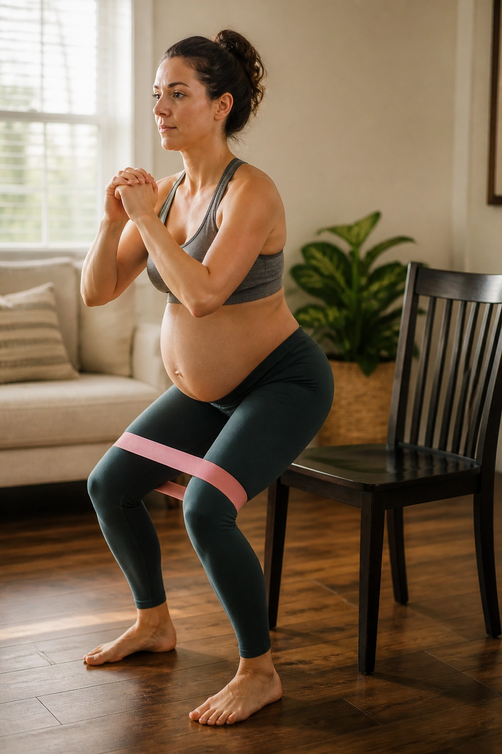 Mid-shot of a real person performing Chair Squats With a Mini Band in a living room
