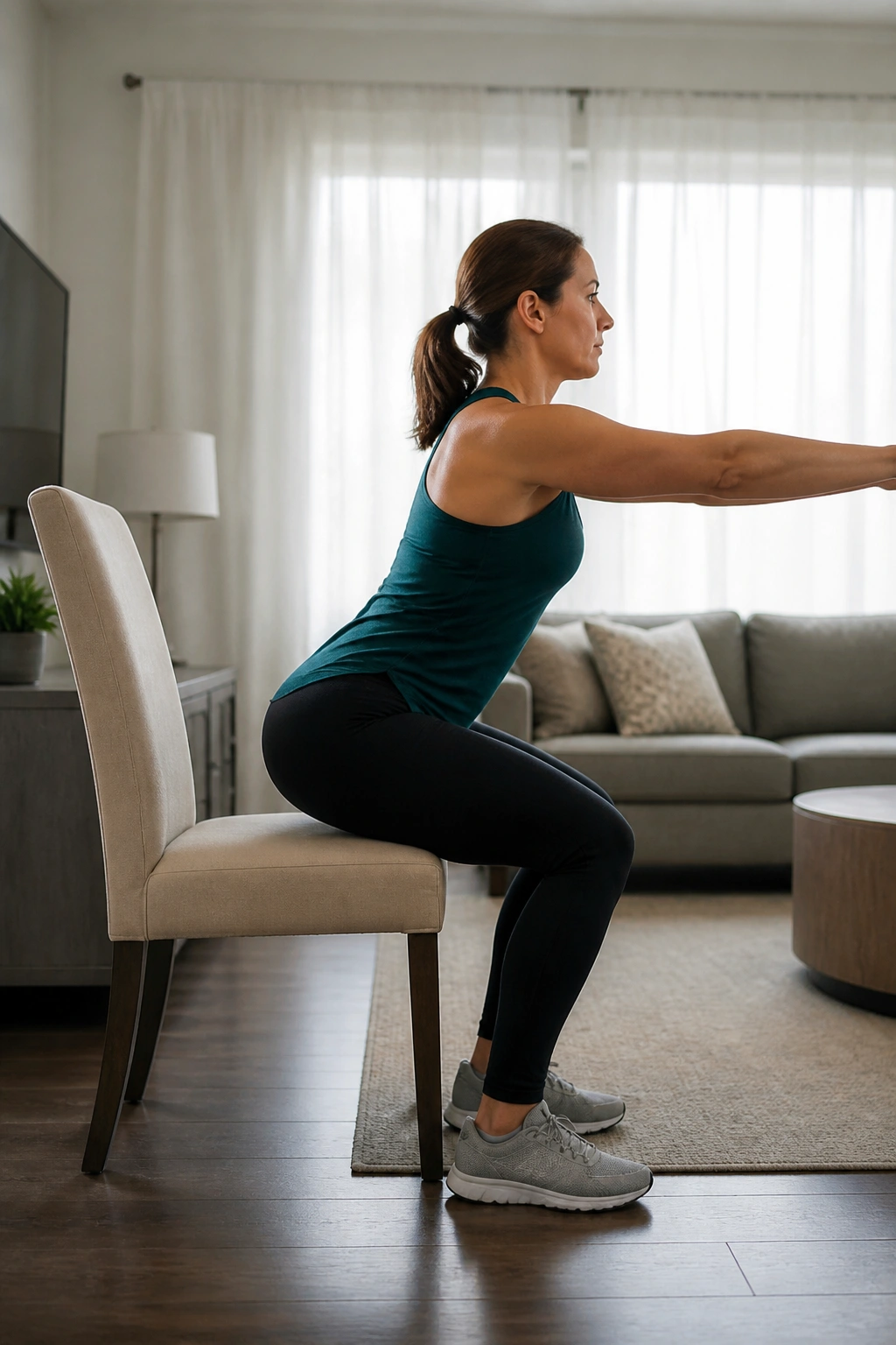 Person doing chair squats in a living room