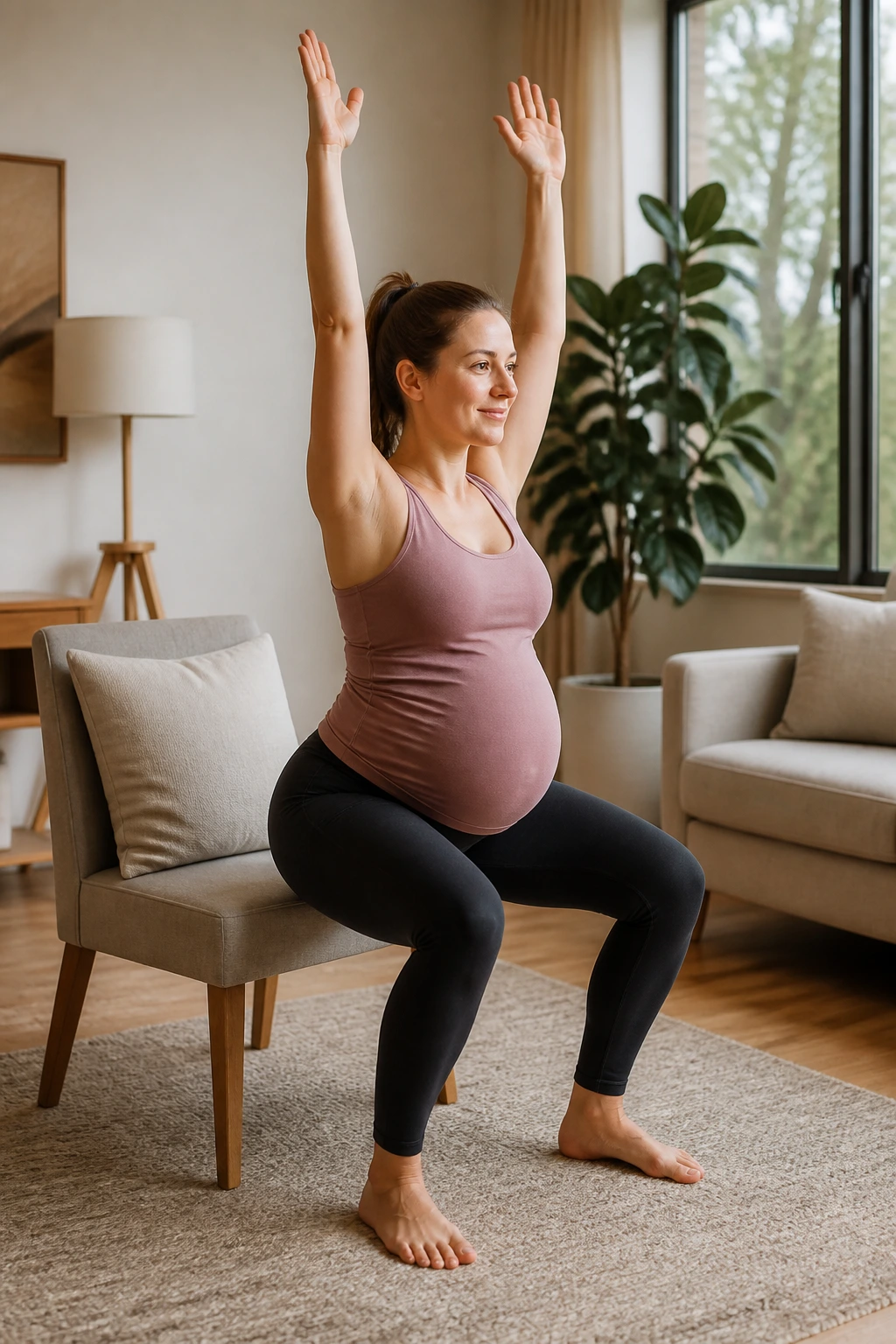 Pregnant woman doing chair squats with overhead reach in a home setting