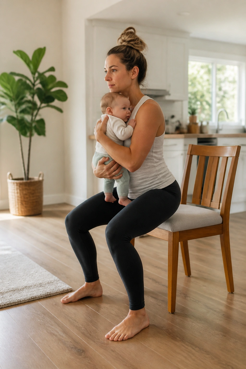Person performing chair squat with baby held close.