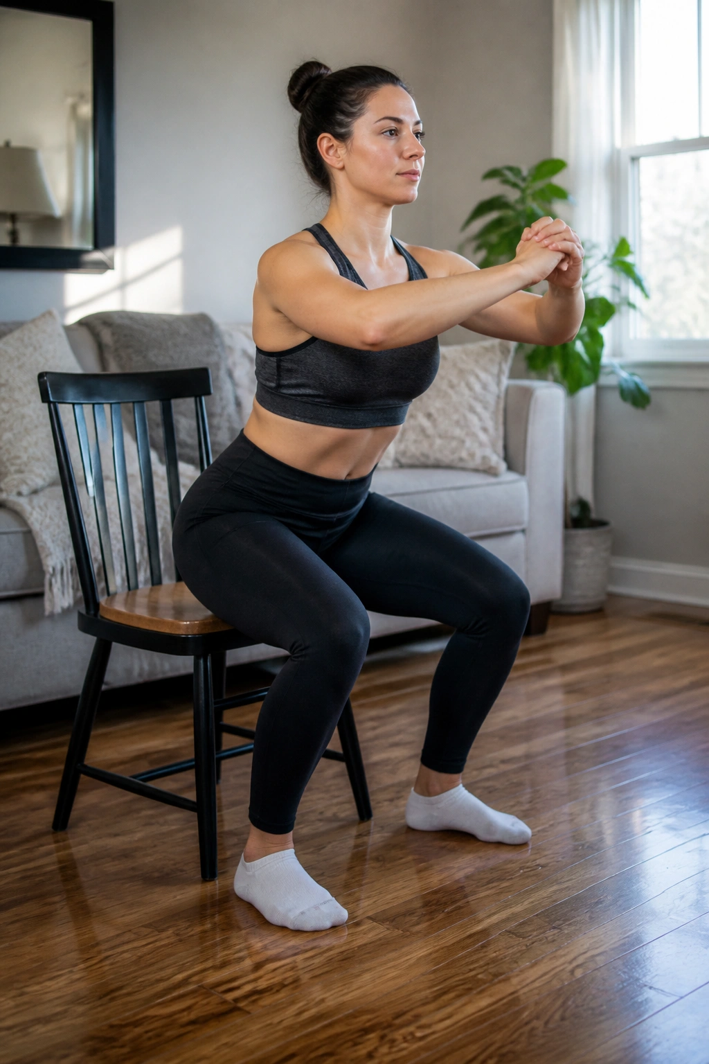 Woman performing chair squats in a home setting with a chair behind