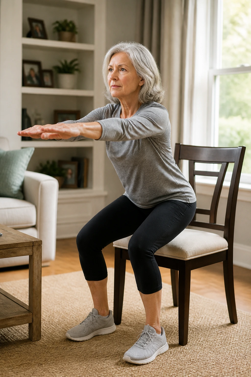 Real woman performing chair squats in a living room