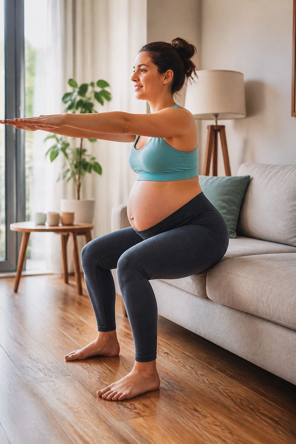 Pregnant person performing chair squats near sofa.