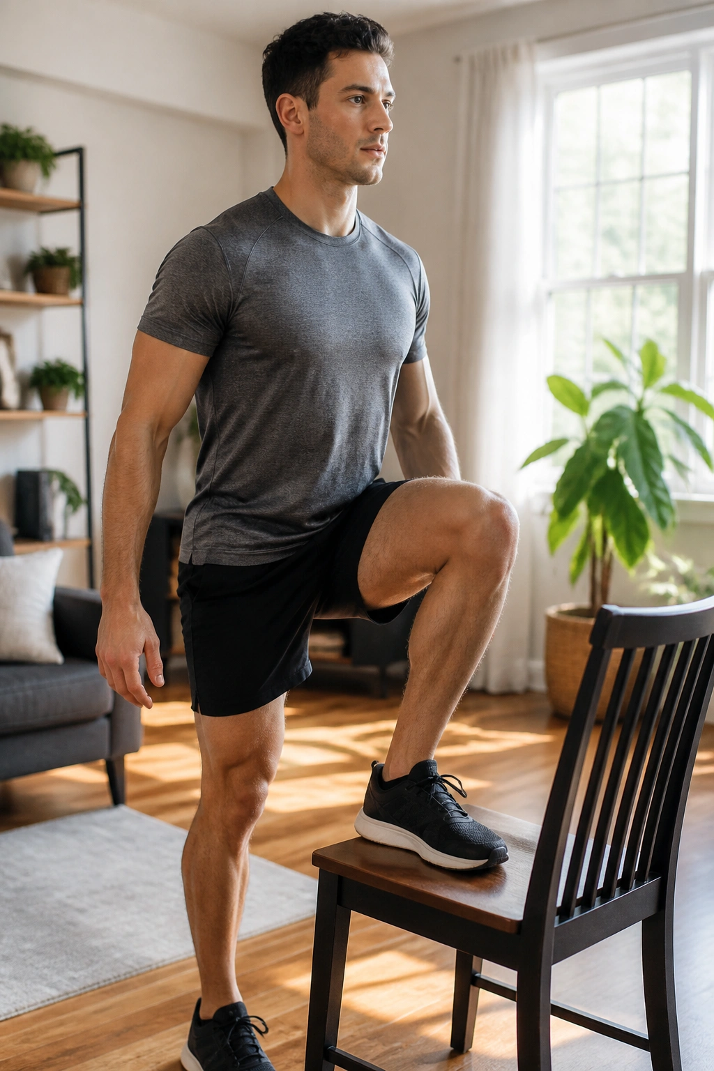 Person performing chair step-up in a sunlit living room, focusing on leg drive and balance