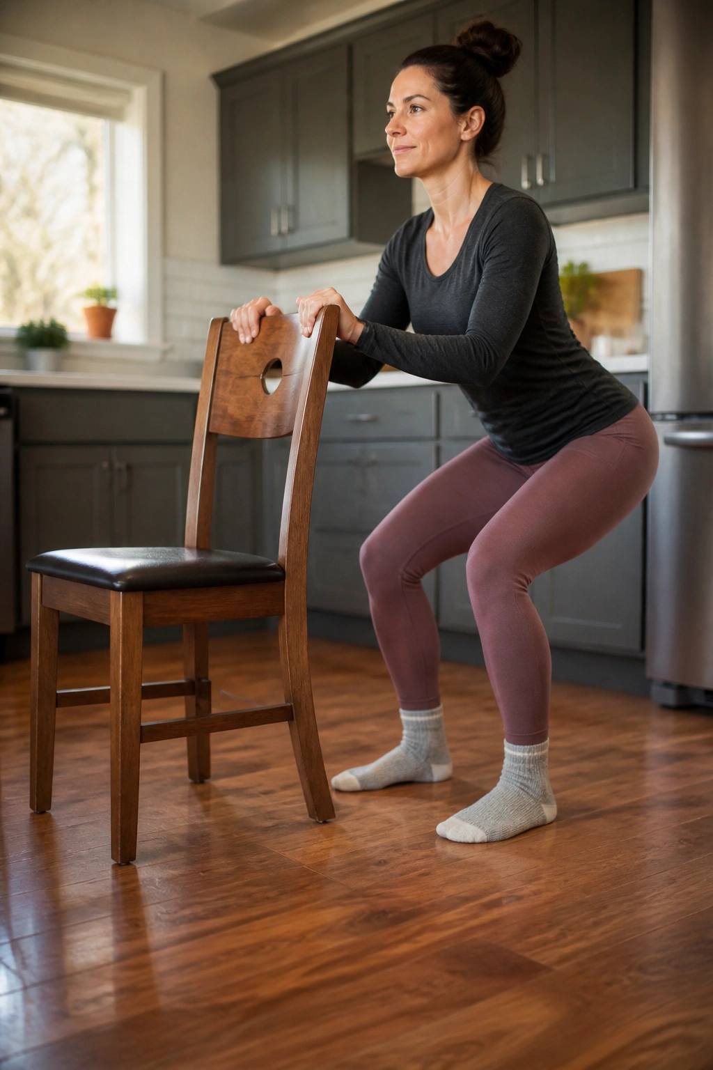 Mom in socks performing sit-to-stand near a kitchen chair in a home setting