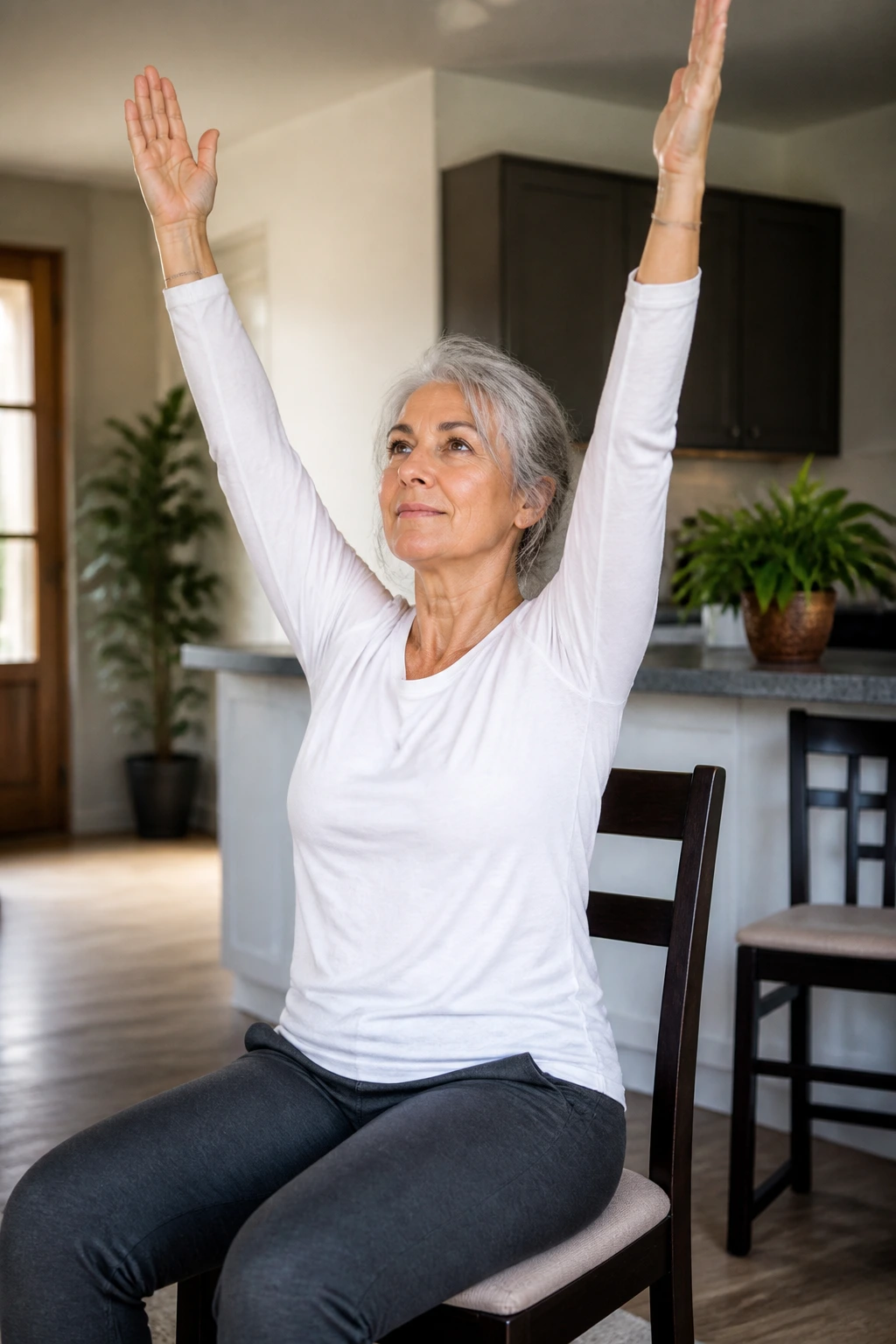 Adult seated performing half sun salutation with arms overhead