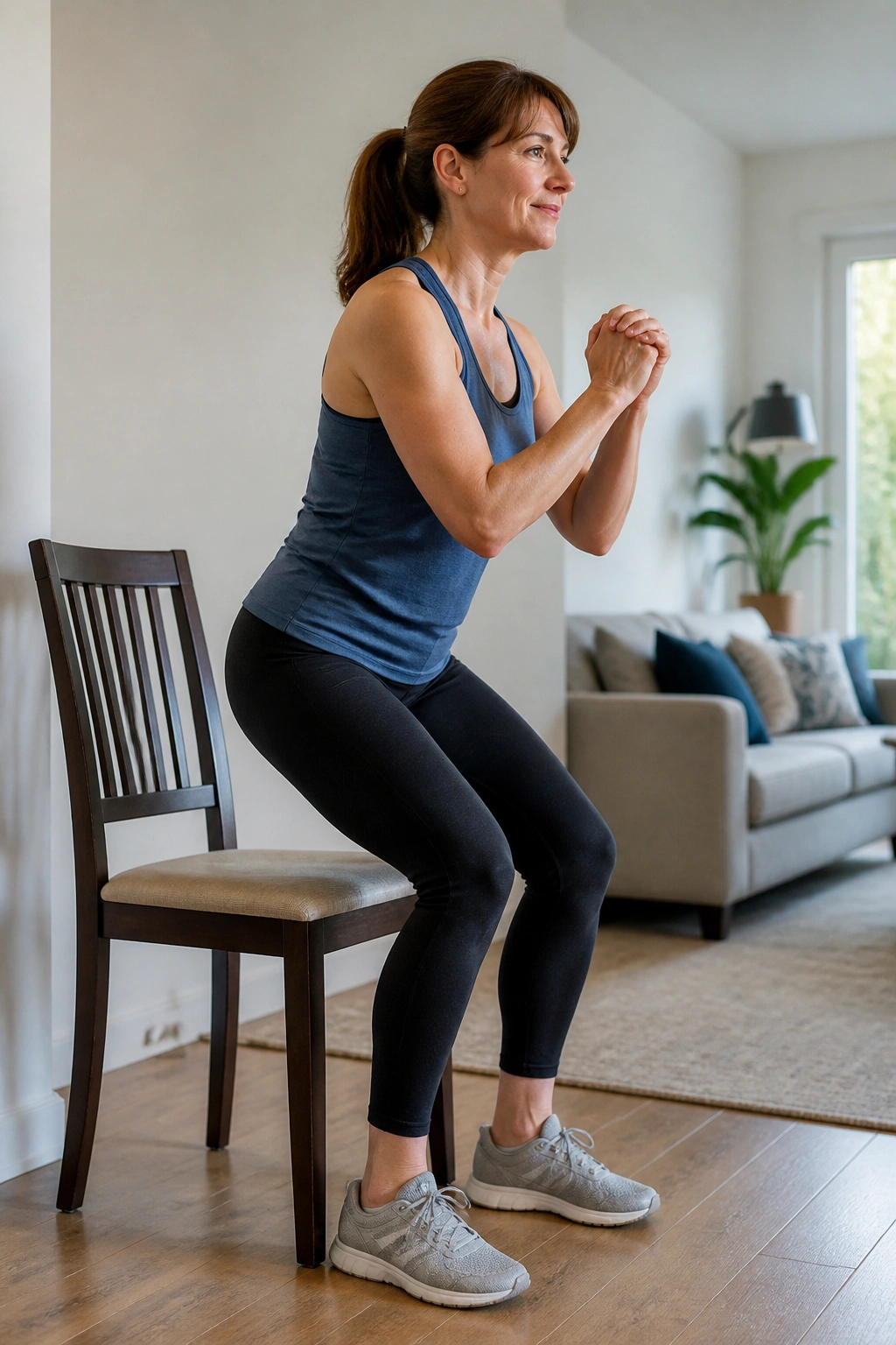 Person performing chair sit-to-stand in bright living room