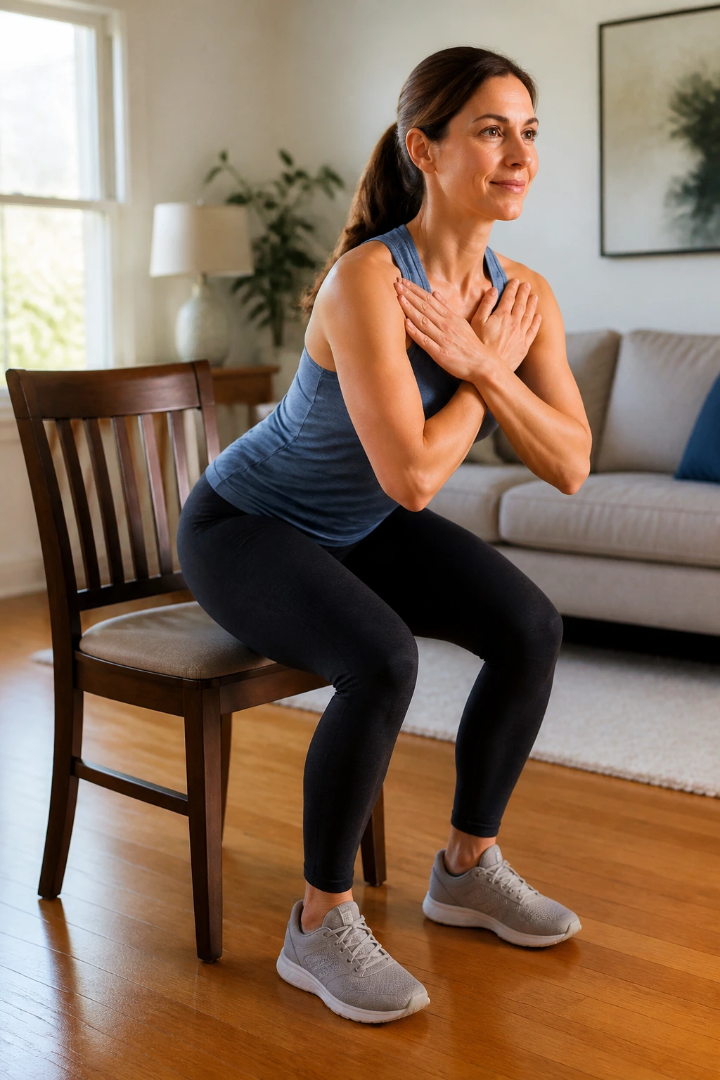 Real person performing chair-supported sit-to-stand in a cozy living room