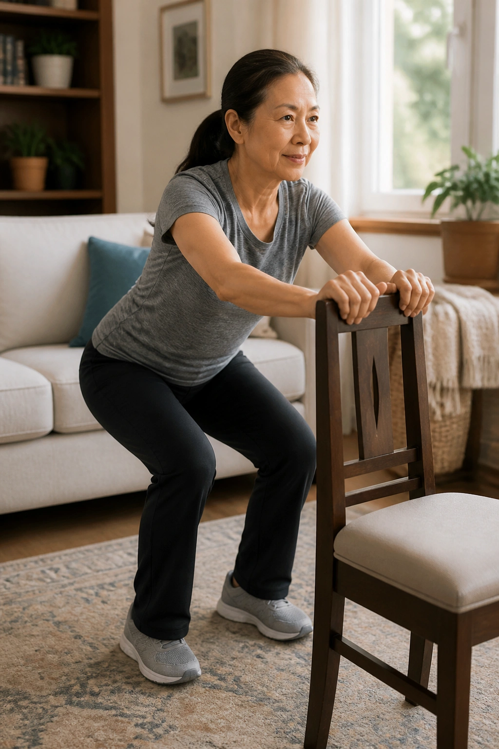 Person performing chair sit-to-stand exercise at home