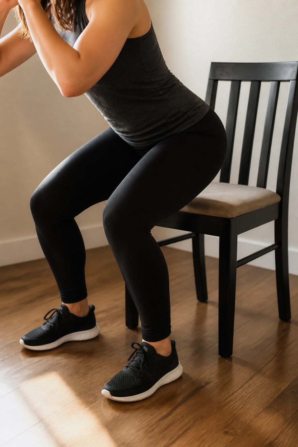Person doing chair squats in a small living space with a chair nearby.