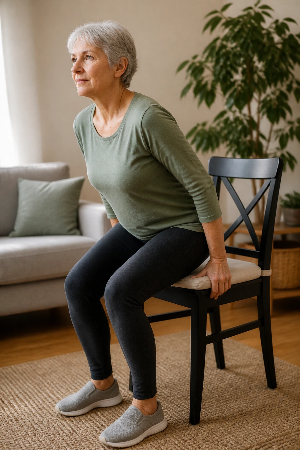 Real person seated on a sturdy chair performing a sit-to-stand in a cozy living room.
