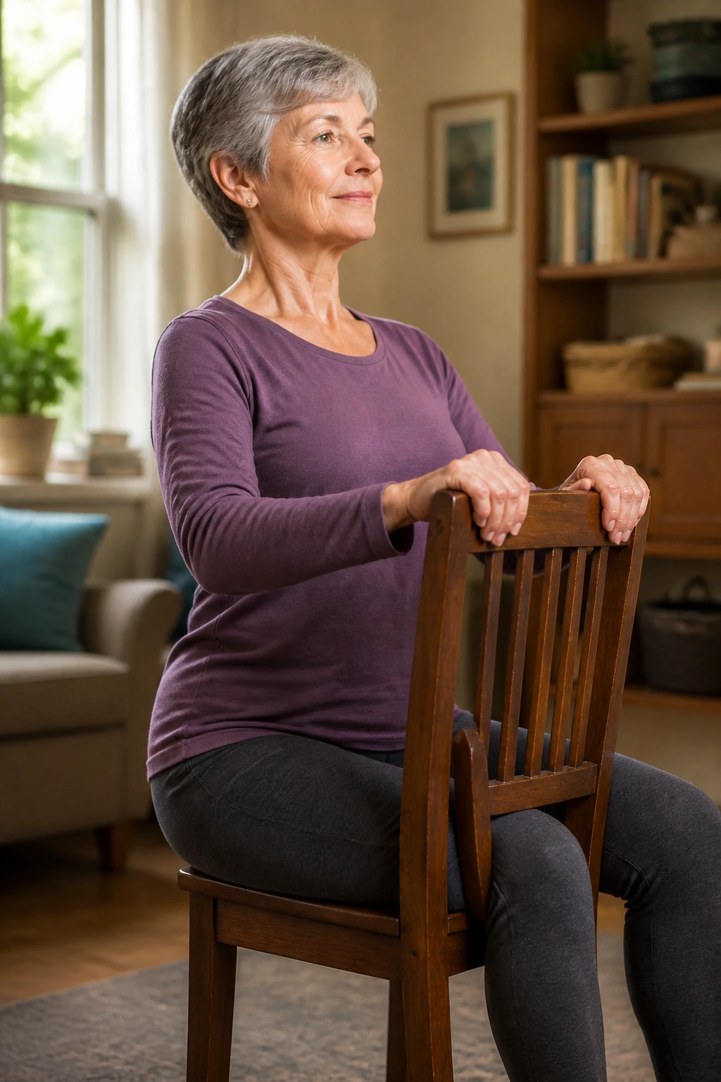 Close-up of an older adult performing seated chair yoga in a cozy living room.
