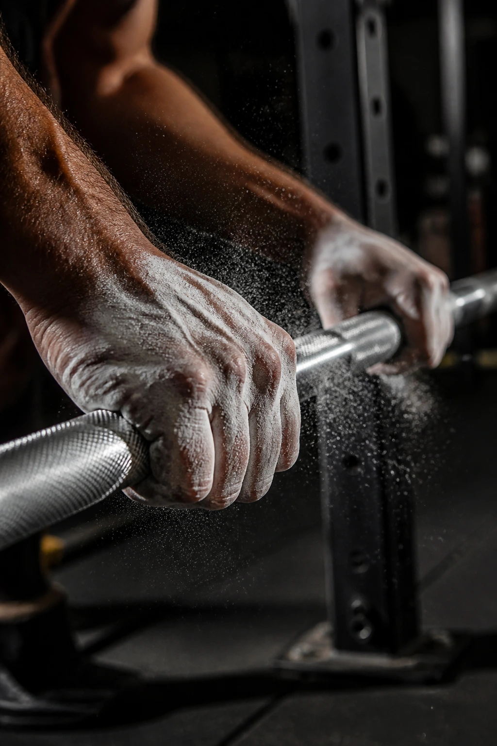 Chalk-dusted hands gripping a barbell in a gym