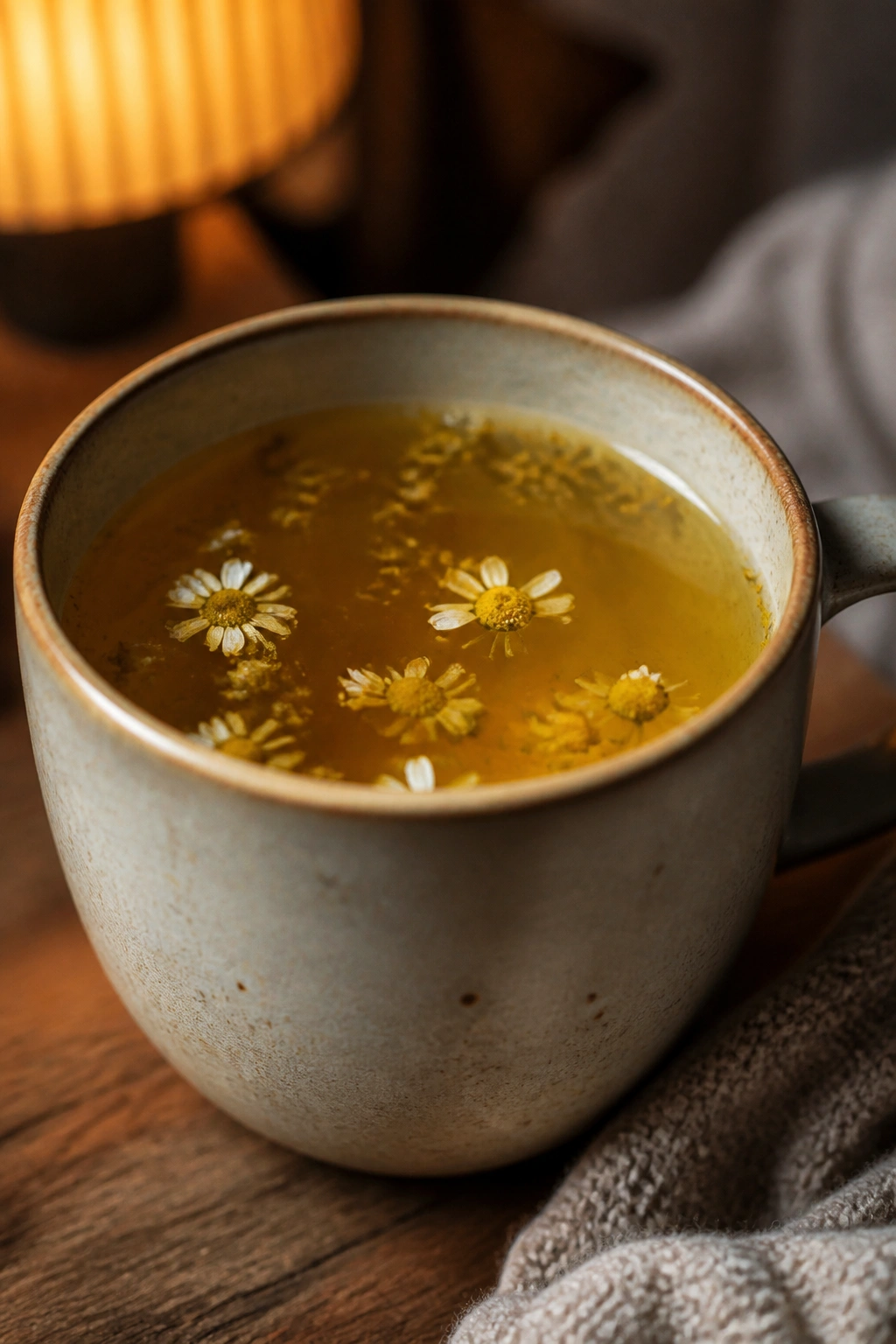 Close-up of chamomile lemon ginger turmeric night tea in a mug with chamomile petals