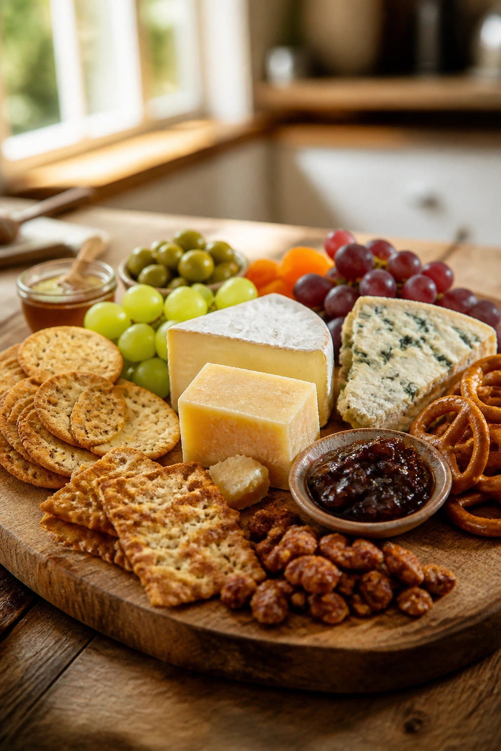 Close-up of a cheese and crackers board with three cheeses, fruit, olives on a wooden board in warm kitchen light