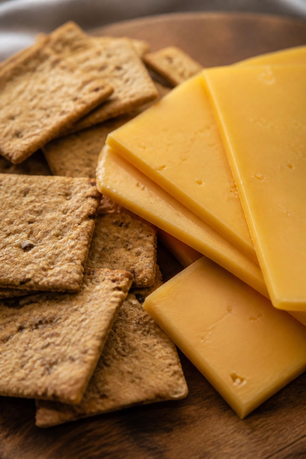 Close-up of cheese slices with whole grain crackers on a wooden board in a warm kitchen
