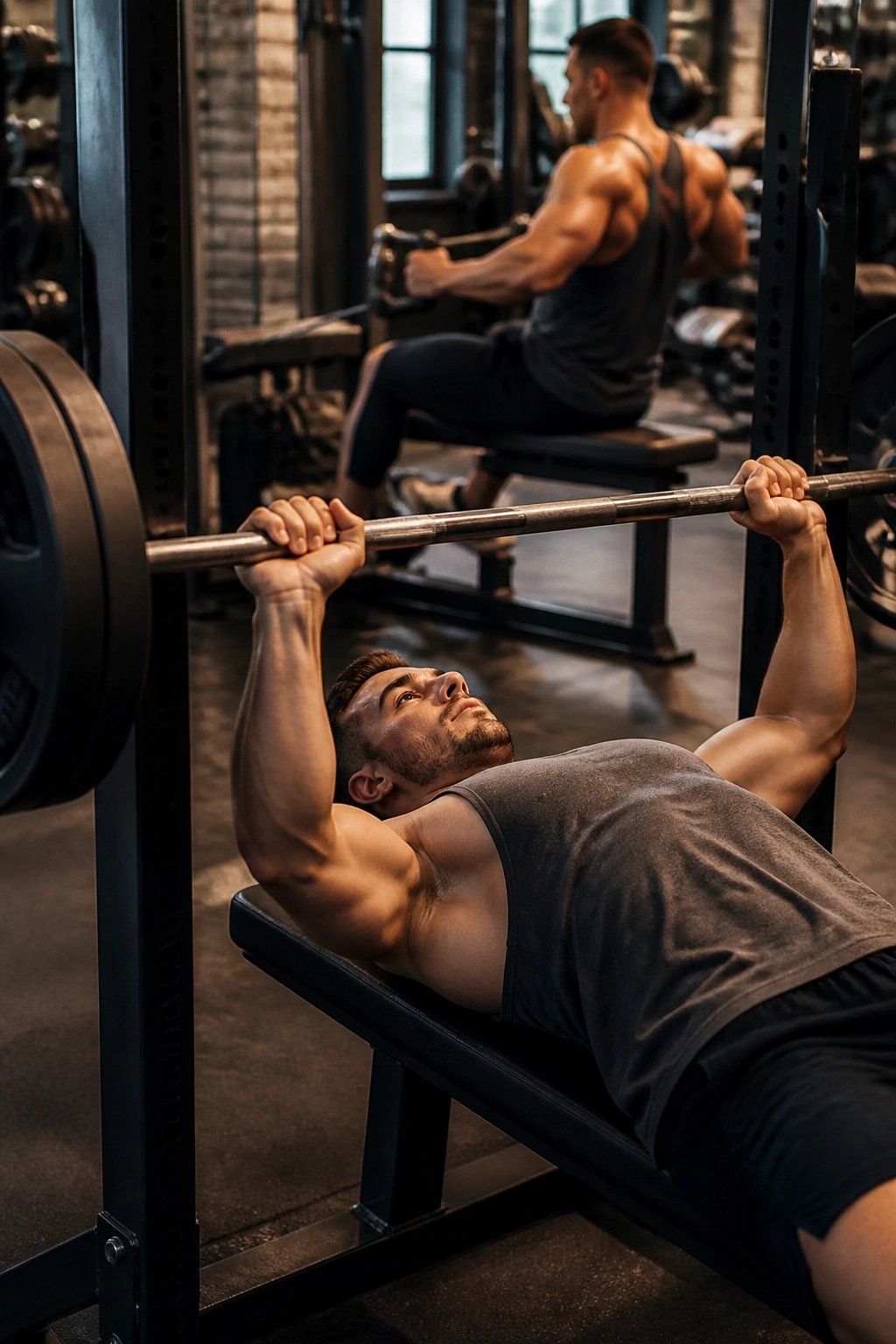Lifter performing a bench press as part of antagonist supersets in gym