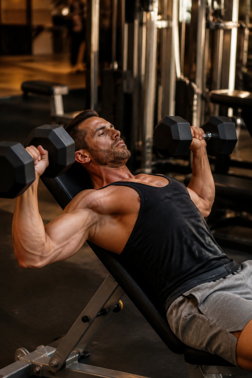 Real person performing incline dumbbell press in a gym for chest and back volume