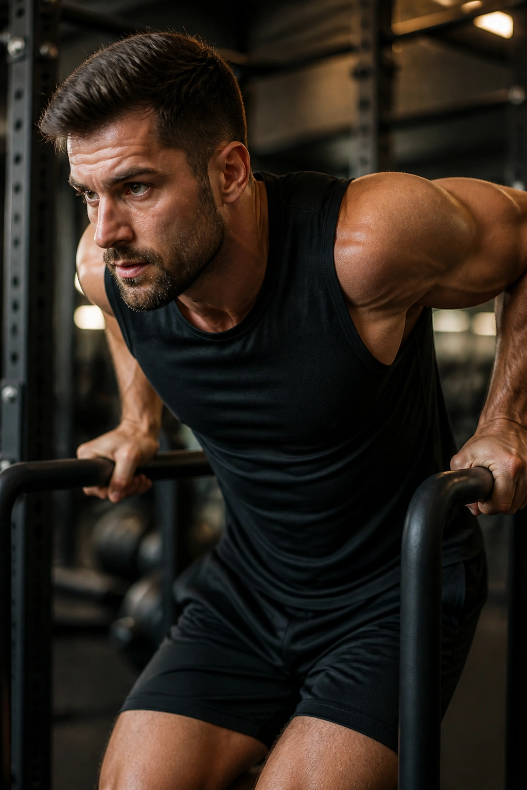 Close-up of a real athlete performing chest dips with forward lean in a gym