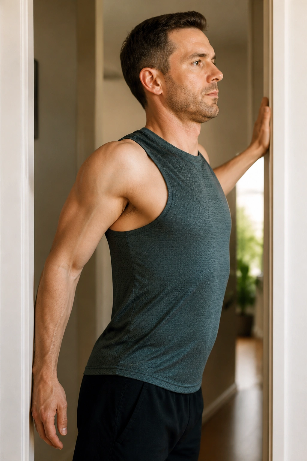 Person performing doorway chest opener stretch with forearm on door frame