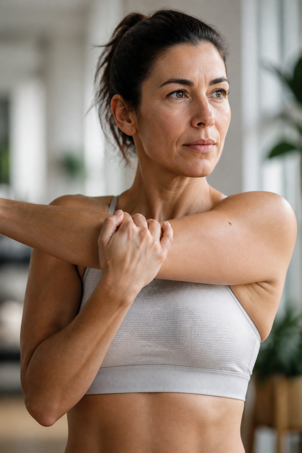 Medium close-up of a person performing chest opener across the body stretch.