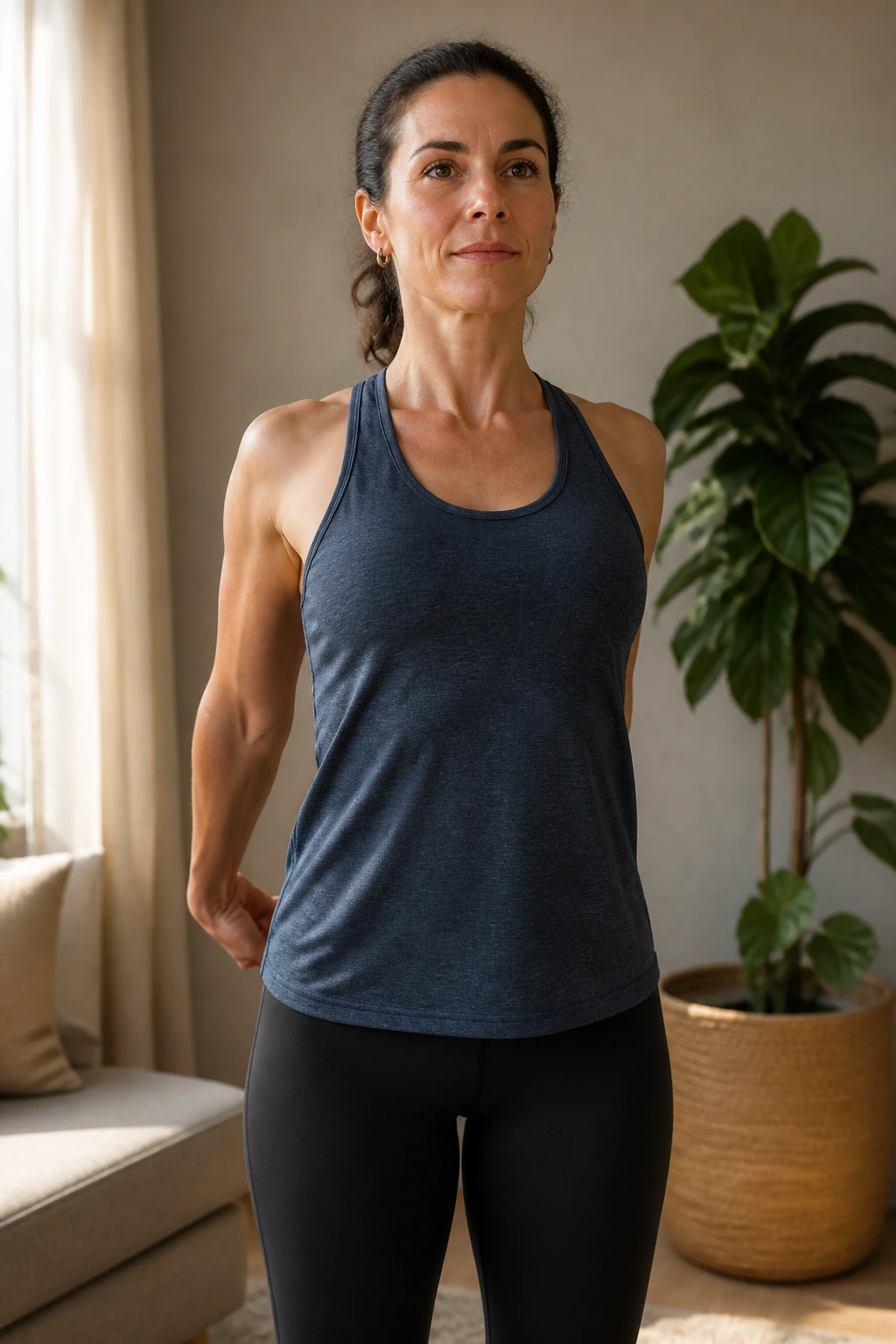 Person performing standing chest opener behind-the-back stretch
