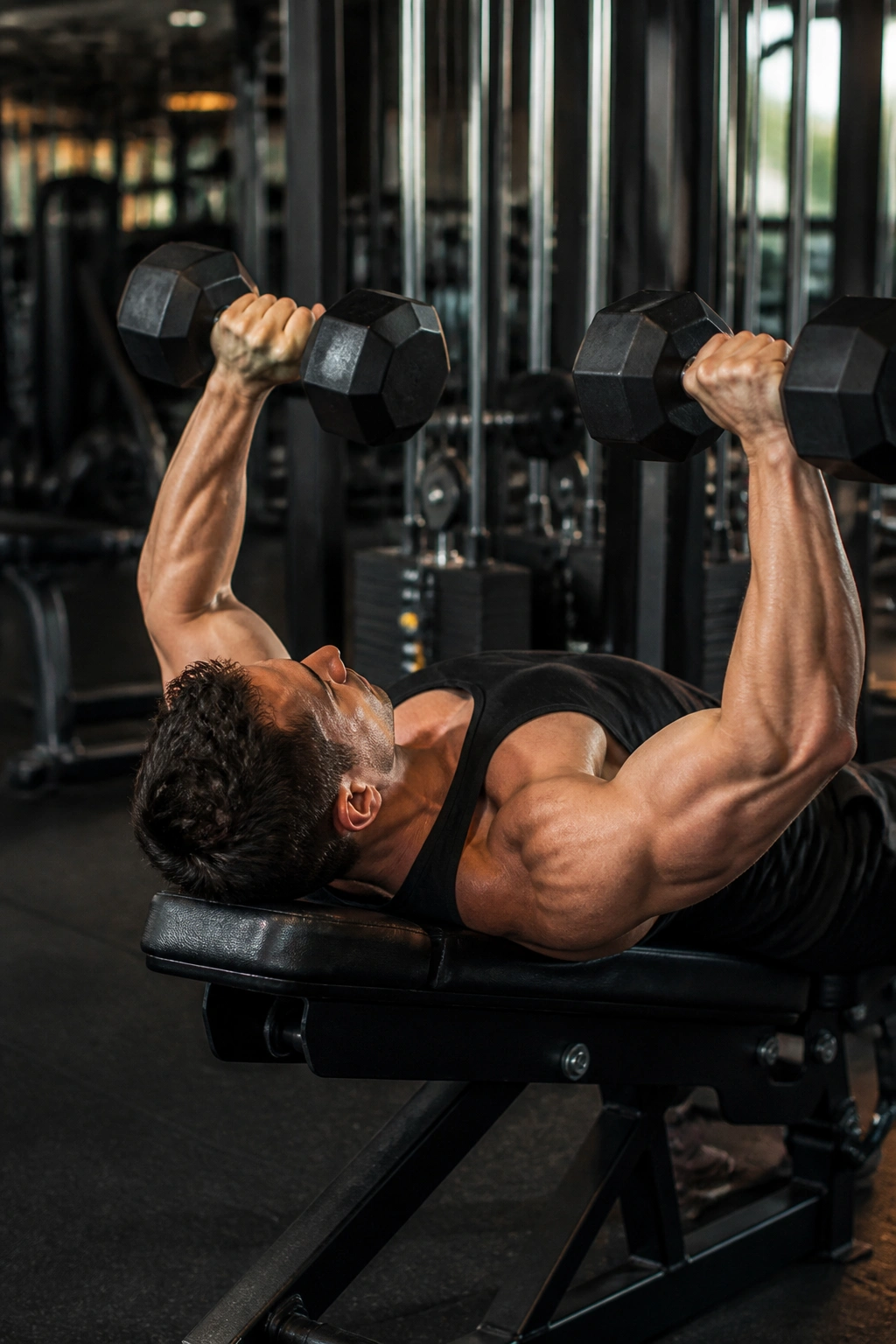 Lifter performing chest press for hypertrophy in gym