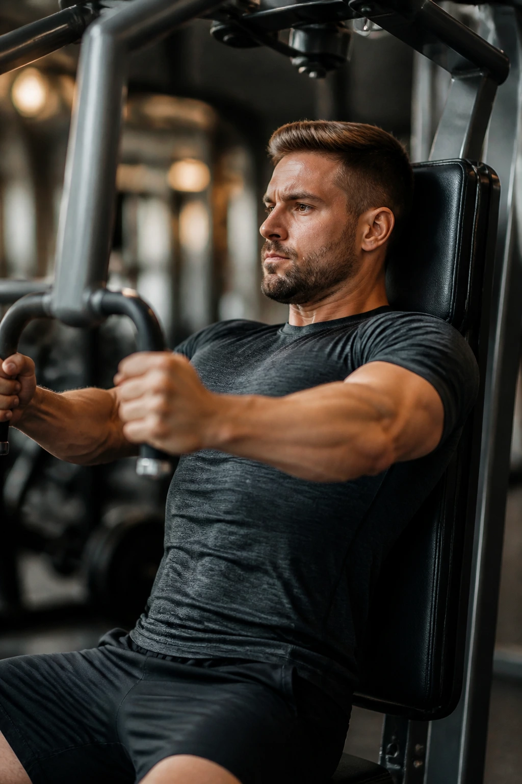 Person pressing on a chest press machine in a gym